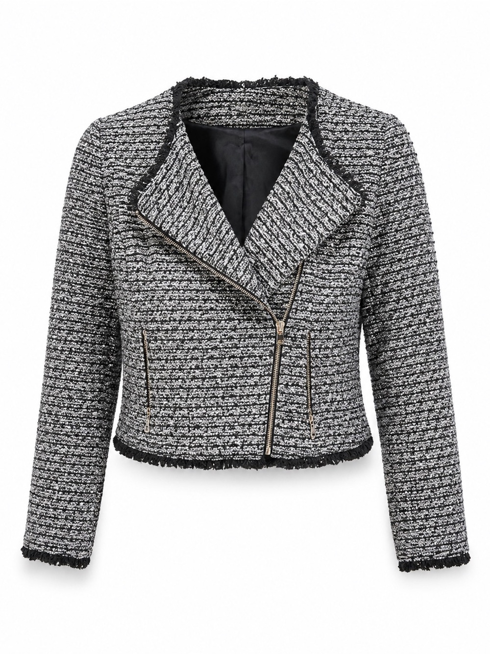 J Crew Womens Size 4 Black White Tweed Moto Jacket Fringe Trim Gold Zip blazer